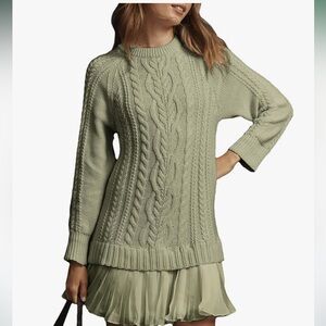 Cable Knit Sweater Dress with Pleated skirt. NWT. Green. Size Medium.